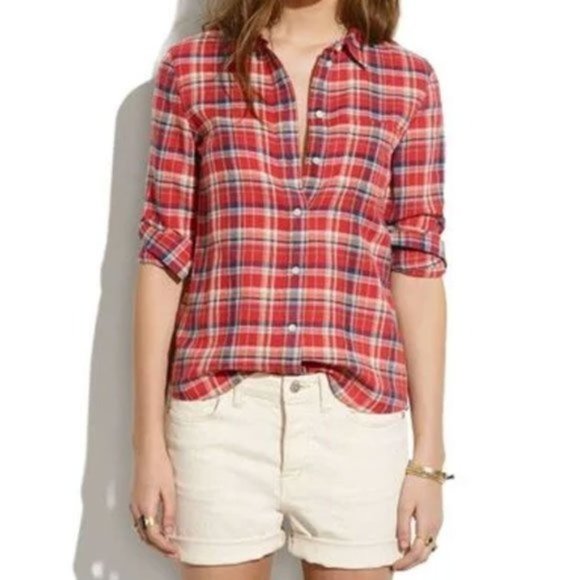 Madewell Red Suntour Plaid Button Down Boyshirt Top - Picture 9 of 9